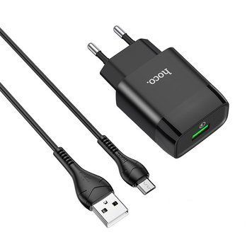 Мережевий зарядний пристрій з кабелем HOCO C72Q Glorious single port QC3.0 charger set(Micro) 18W Black 883459620 фото