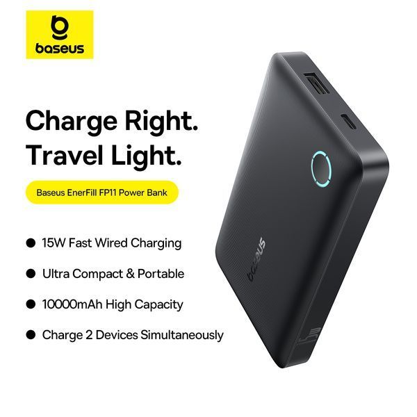 Зовнішній акумулятор Baseus EnerFill FP11 Power Bank 10000mAh 15W Cosmic Black (Includes Simple Type-C to Type-C Cable 20V/3A 30cm Black) 400726761 фото