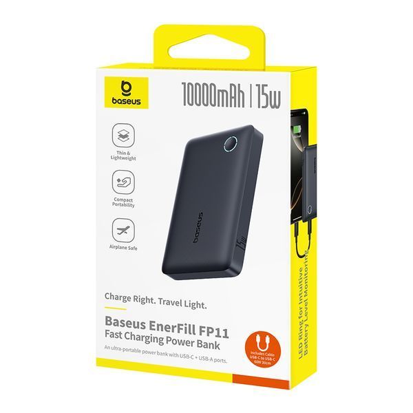 Зовнішній акумулятор Baseus EnerFill FP11 Power Bank 10000mAh 15W Cosmic Black (Includes Simple Type-C to Type-C Cable 20V/3A 30cm Black) 400726761 фото