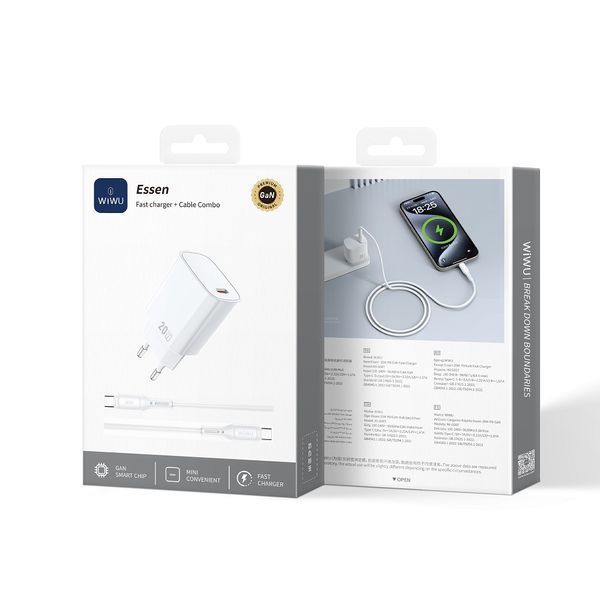 Мережевий зарядний пристрій з кабелем WIWU 20W Essen GaN Fast Charger+ Cable Combo Wi-G007 C-C EU White 195797717 фото