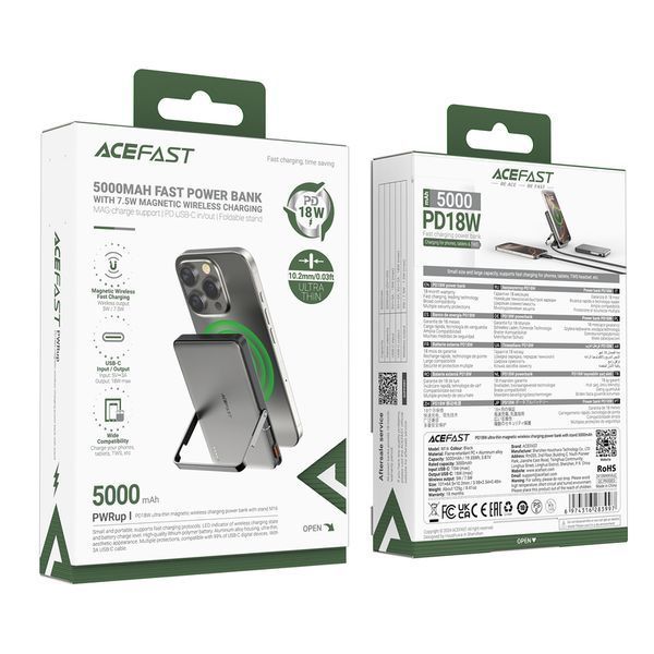 Зовнішній акумулятор ACEFAST M16-5000 PD18W ultra-thin magnetic wireless charging power bank with stand Black 694885249 фото