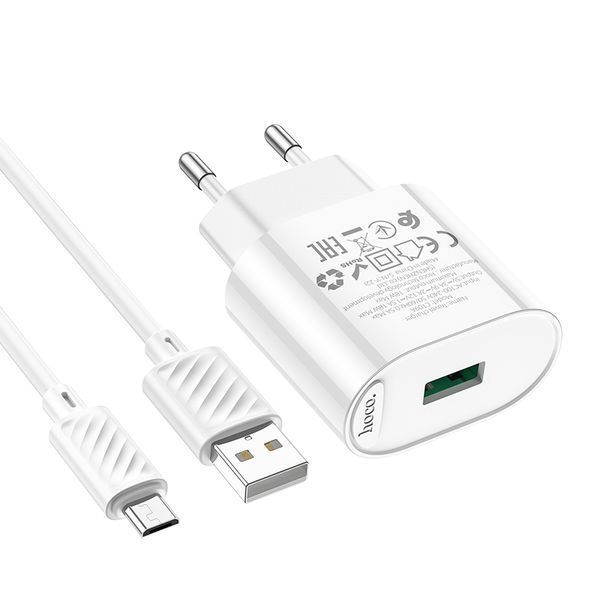 Сетевое зарядное устройство с кабелем HOCO C109A Fighter single port QC3.0 charger set(Micro) White 228271818 фото