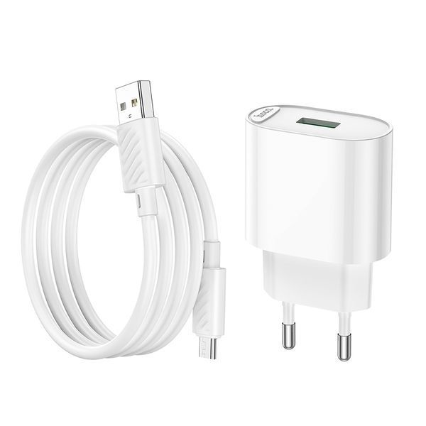 Сетевое зарядное устройство с кабелем HOCO C109A Fighter single port QC3.0 charger set(Micro) White 228271818 фото