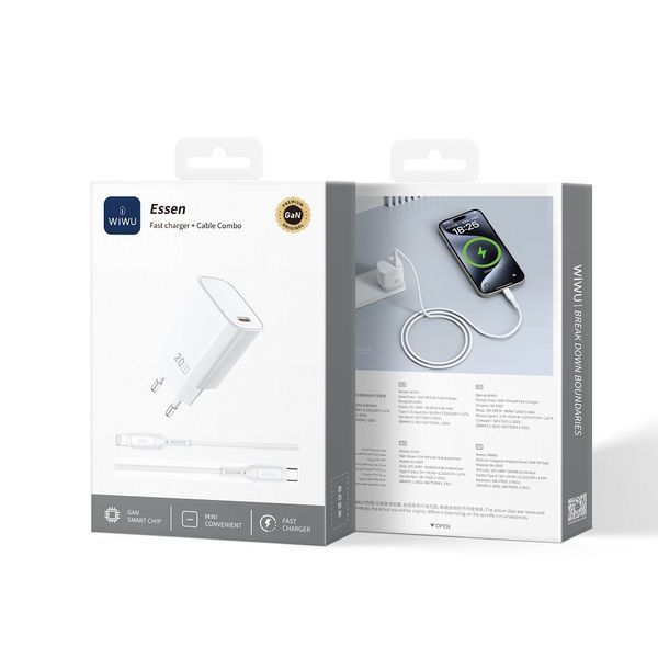 Мережевий зарядний пристрій з кабелем WIWU 20W Essen GaN Fast Charger+ Cable Combo Wi-G007 C-L EU White 787065605 фото