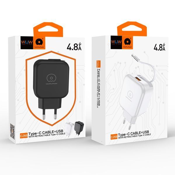 Сетевое зарядное устройство WUW-C268 12W fast charger USB A +retractable 70cm type c Cable 398431900 фото