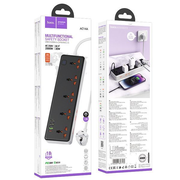 Мережевий подовжувач HOCO AC14A Rico 5-position socket(PD30W/1C3A) Black 585934241 фото