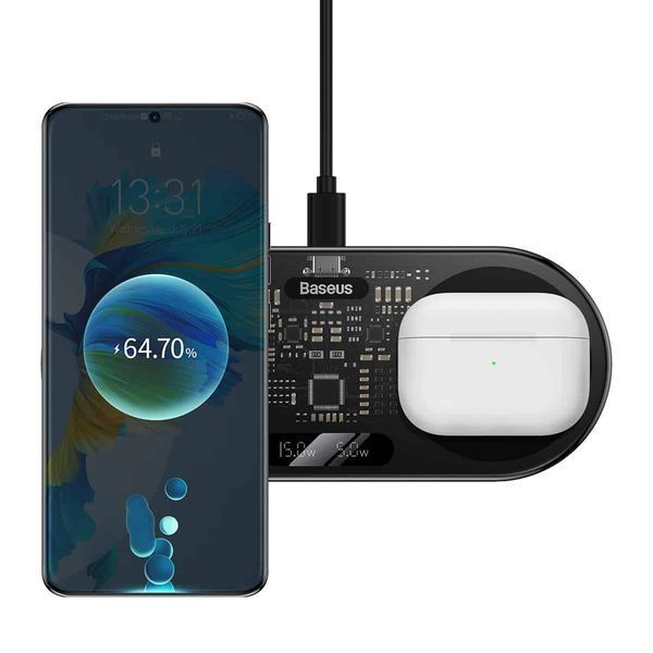 Бездротовий мультизарядний пристрій Baseus Digital LED Display 2in1 Wireless Charger 20W Black Universal version 752201568 фото