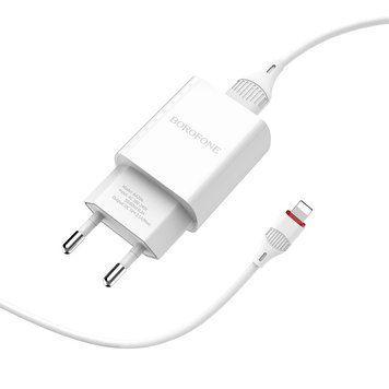 Сетевое зарядное устройство с кабелем BOROFONE BA20A Sharp single port charger set(Lightning) 10.5W White 685435148 фото
