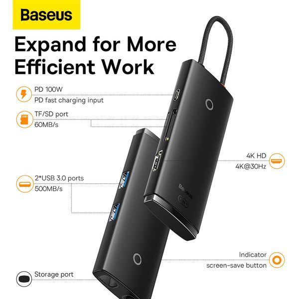 USB-хаб Baseus Lite Series 6-Port Type-C HUB Docking Station (Type-C to HDMI+USB3.0*2+PD+SD/TF) Black 180293495 фото
