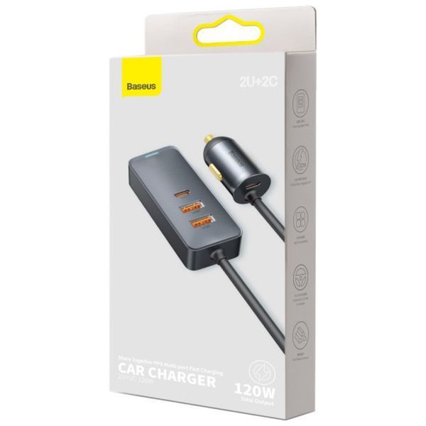 Автомобільний зарядний пристрій Baseus Share Together PPS multi-port Fast charging with extension cord 120W 2U+2C Gray 627521381 фото