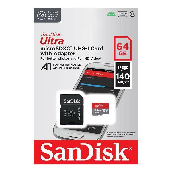 Карта памяти microSDXC (UHS-1) SanDisk Ultra 64Gb class 10 A1 (140Mb/s) (adapter SD) 694141085 фото