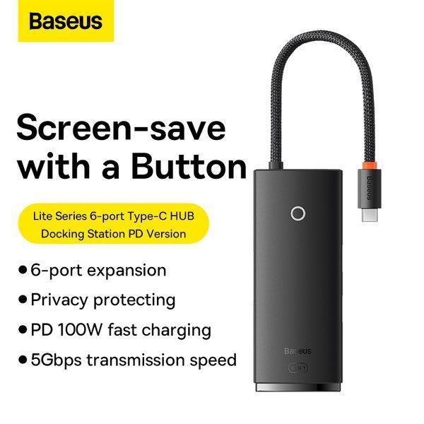 USB-хаб Baseus Lite Series 6-Port Type-C HUB Docking Station (Type-C to HDMI+USB3.0*2+PD+SD/TF) Black 180293495 фото