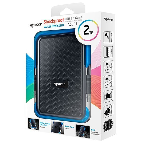 Зовнішній жорсткий диск PHD External 2.5'' Apacer USB 3.1 AC631 2TB Black/Blue (color box) 190021075 фото