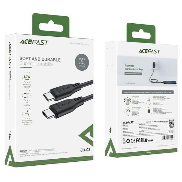 Кабель ACEFAST C3-03 Type-C to Type-C 3A, 60W, 1.2m, TPE, TPE connectors, Black 448597032 фото