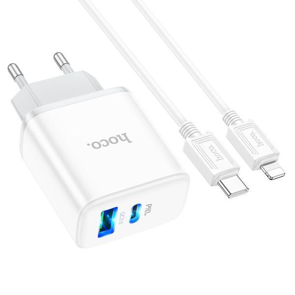 Мережевий зарядний пристрій з кабелем HOCO C105A Stage dual port PD20W+QC3.0 charger set (C to iP)(EU) White 180674968 фото