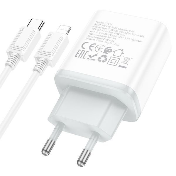 Мережевий зарядний пристрій з кабелем HOCO C105A Stage dual port PD20W+QC3.0 charger set (C to iP)(EU) White 180674968 фото