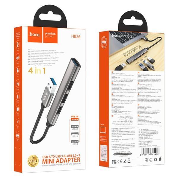USB-хаб HOCO HB26 4 in 1 adapter(USB to USB3.0+USB2.0*3) Metal Gray 107271755 фото