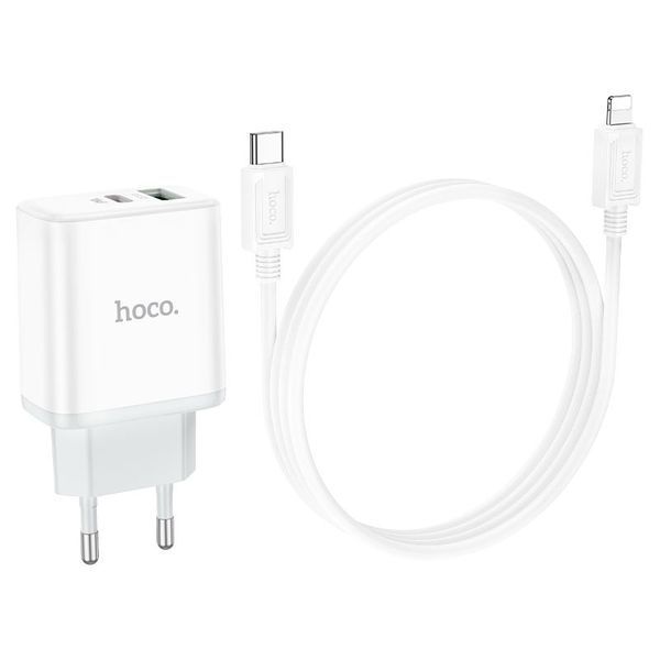 Мережевий зарядний пристрій з кабелем HOCO C105A Stage dual port PD20W+QC3.0 charger set (C to iP)(EU) White 180674968 фото
