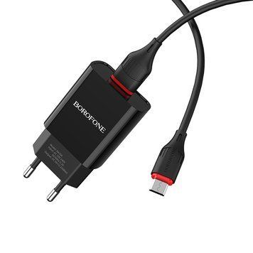 Мережевий зарядний пристрій з кабелем BOROFONE BA20A Sharp single port charger set(Micro) 10.5W Black 964601373 фото