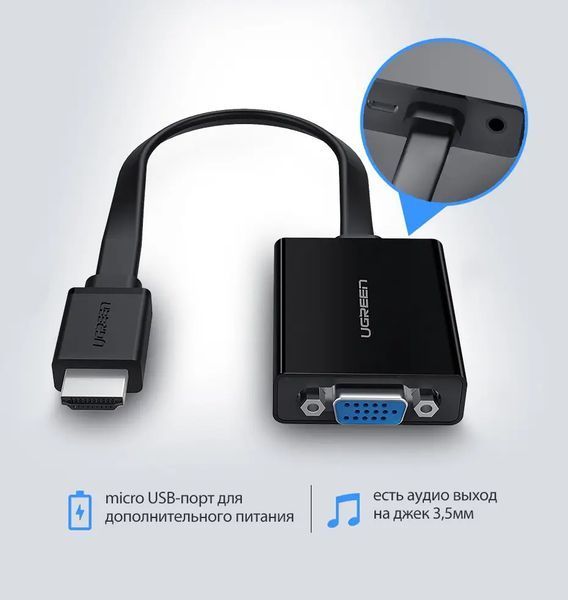 Адаптер UGREEN MM103 HDMI to VGA Converter 25cm (Black) (UGR-40248) 431987974 фото