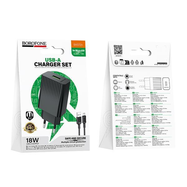 Мережевий зарядний пристрій з кабелем BOROFONE BAS72A Source single port QC3.0 charger set(Micro) Black 631912324 фото