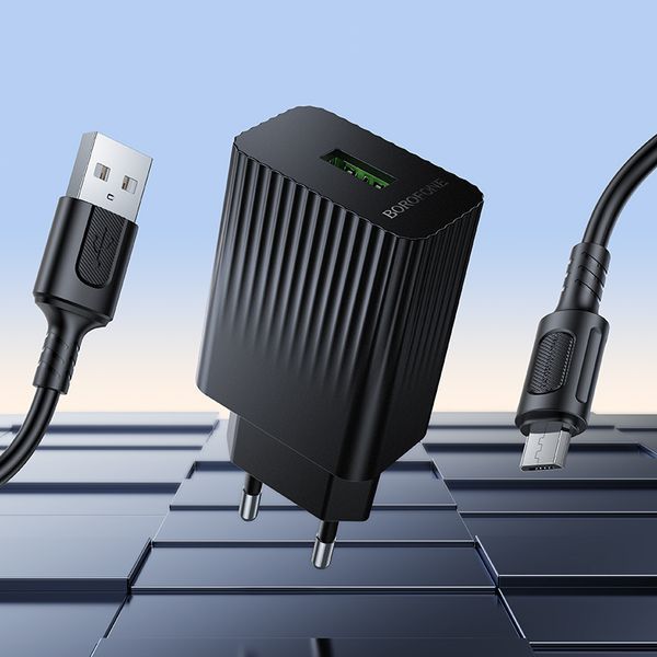 Мережевий зарядний пристрій з кабелем BOROFONE BAS72A Source single port QC3.0 charger set(Micro) Black 631912324 фото