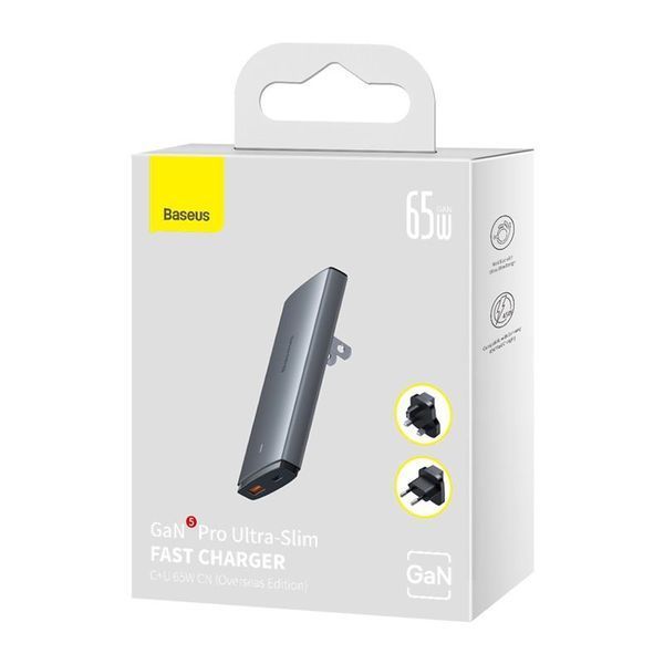 Сетевое зарядное устройство с кабелем Baseus GaN5 Pro Ultra-Slim Fast Charger C+U 65W Gray((With Mini White Cable C to C 100W(20V/5A) 1m Black) 452954534 фото